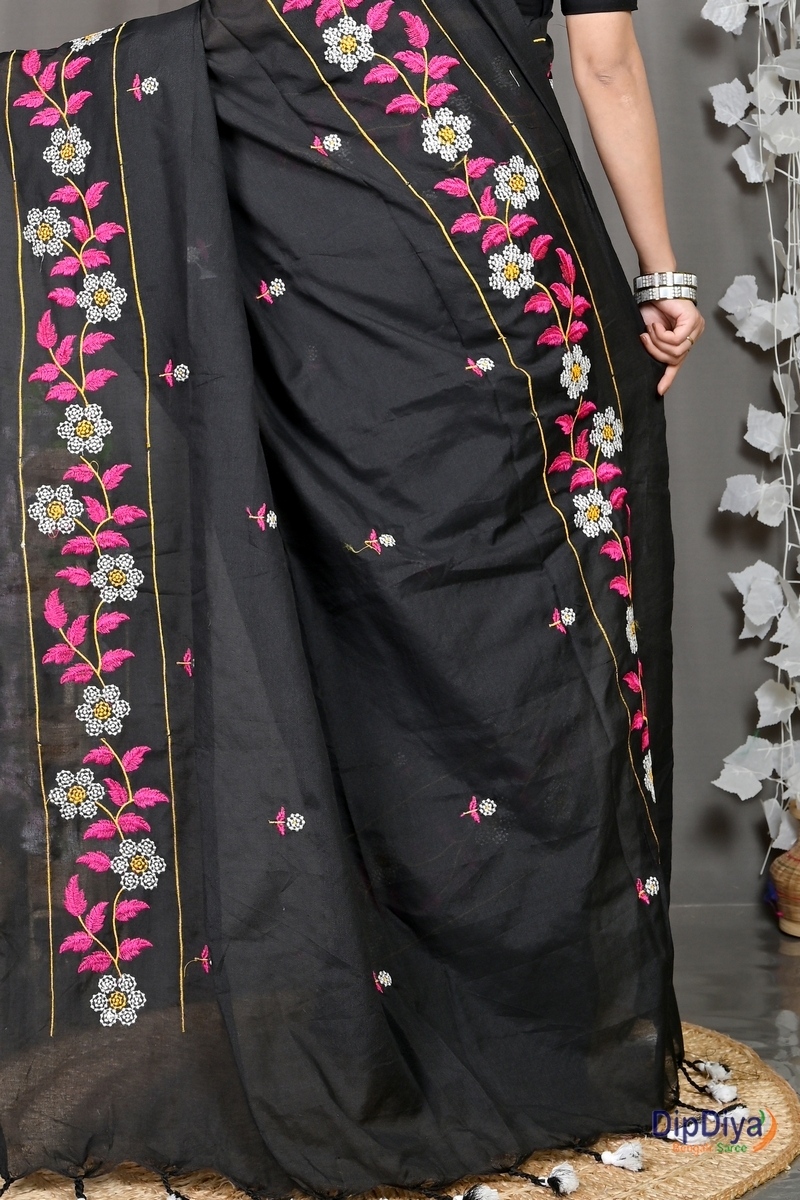 Black Cotton Blended Paraya Embroidery Handloom saree (303)